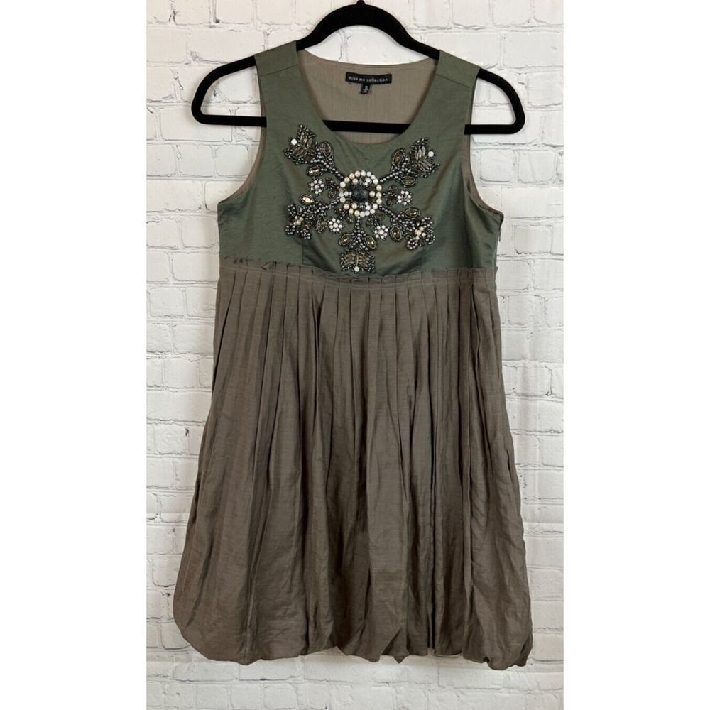 MISS ME COLLECTION silk blend taupe gray khaki beaded cocktail dress size S